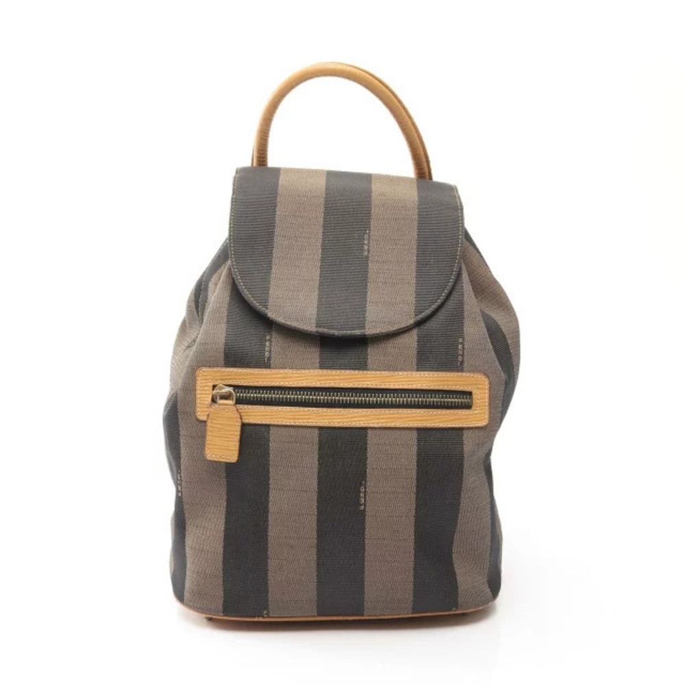Fendi Pequin Backpack Canvas Leather Bag Beige Cream Black Brown